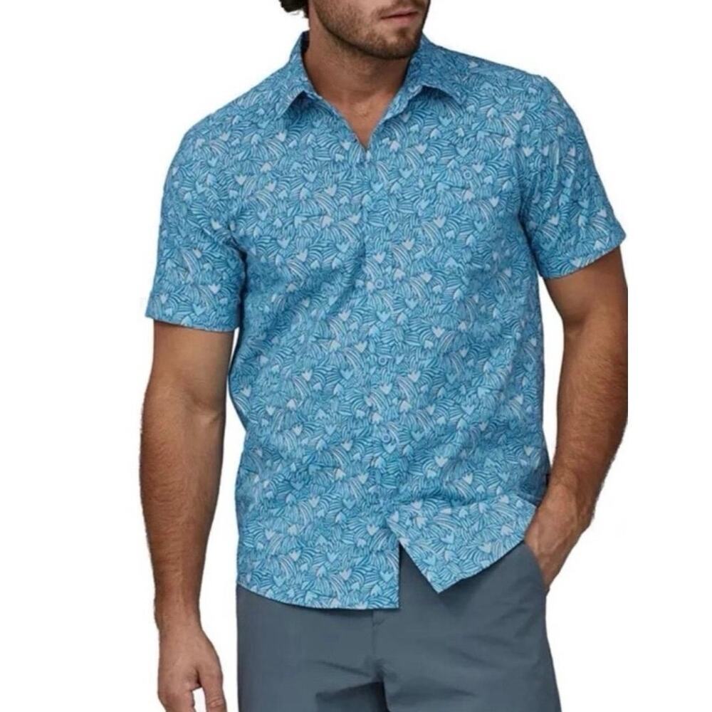 Patagonia Mens Sz XL Go-To Organic Cotton Short Sleeve Button Down Shirt Blue